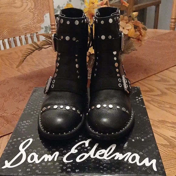 Sam Edelman DREA Black Leather Studded Boots - Picture 1 of 10